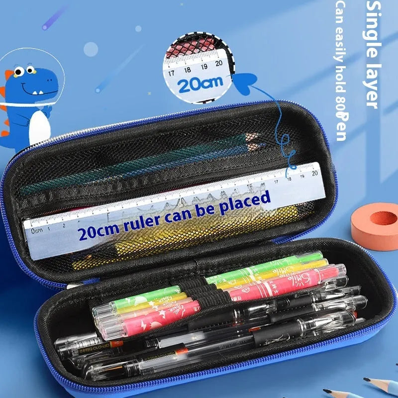 3D leather pencil case in a box shape showing one of the available design options such as a spaceship or unicorn