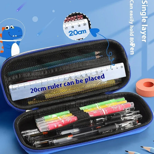 3D leather pencil case in a box shape showing one of the available design options such as a spaceship or unicorn