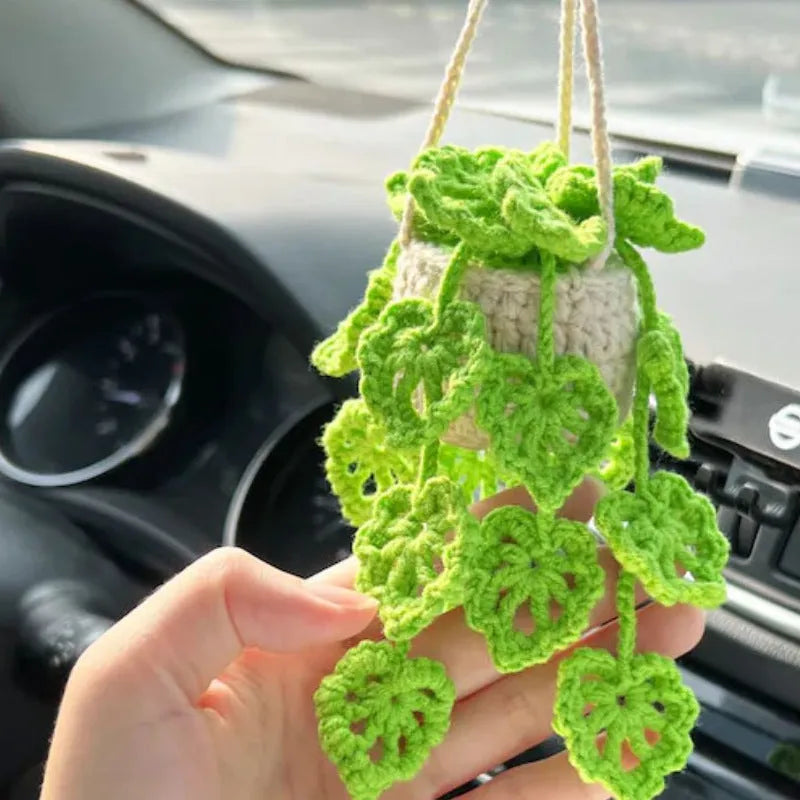 Green and white crochet car plant ornament with 25cm white hanging rope on 8cm basin base