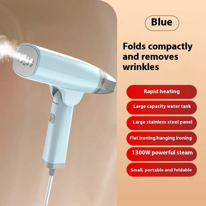 Handheld garment steamer in blue or white with 1300W power and compact design