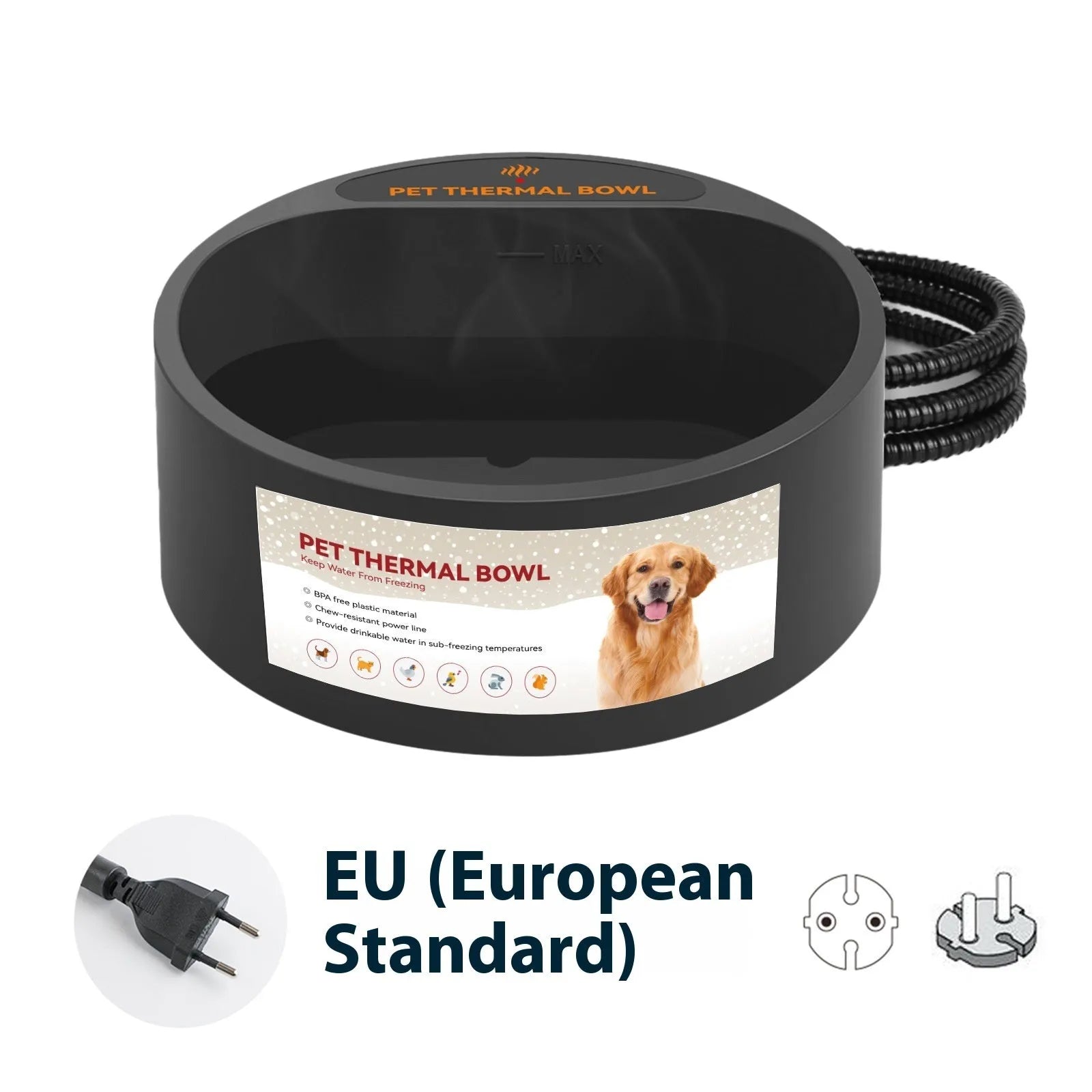 Black pet heating bowl for cats and dogs with 2.2L capacity and constant temperature feature