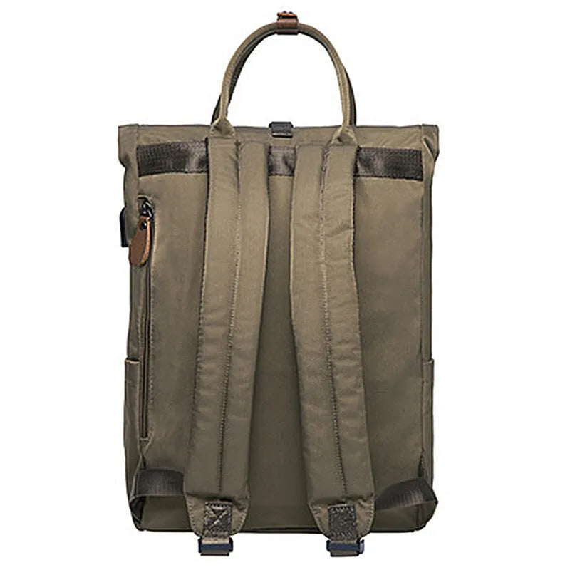 Men's casual black polyester backpack showing cover opening and internal laptop pocket.