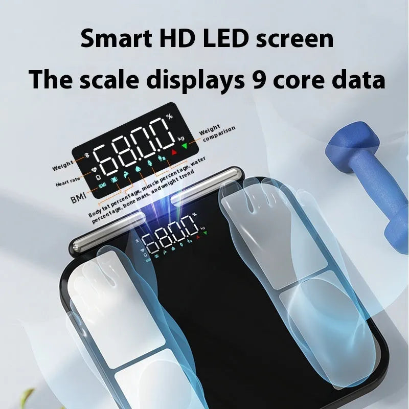 Black electronic weighing scale with 30x30cm tempered glass platform showing body fat percentage on colour screen