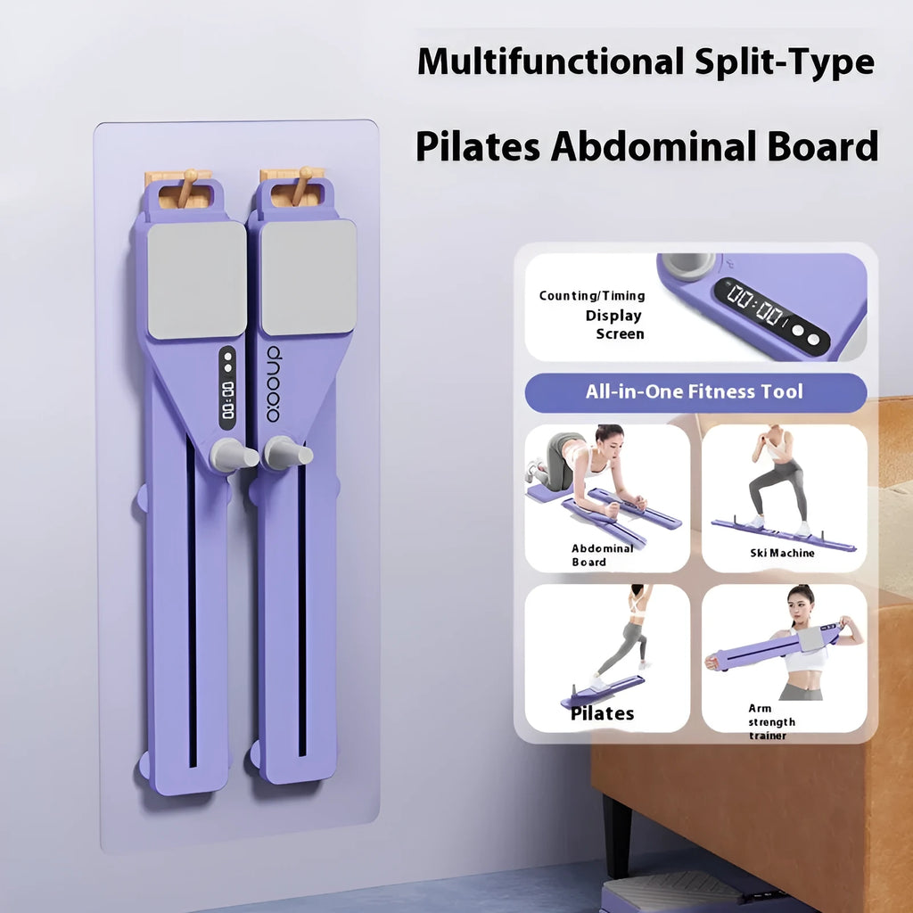 A purple split multifunctional skiing machine trainer for home fitness on a floor.