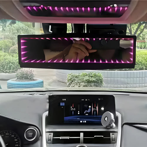 Blue plastic car rearview mirror with illuminated lighting and a wide, flat reflective surface.