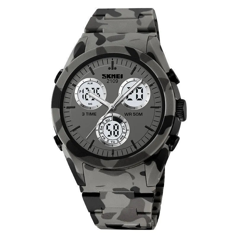 Casual electronic watch with digital display on a TPU strap, shown in camouflage colour option