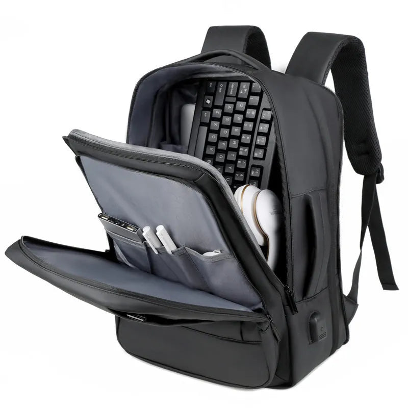 Waterproof Oxford cloth backpack with curved shoulder straps showing black and grey colour options