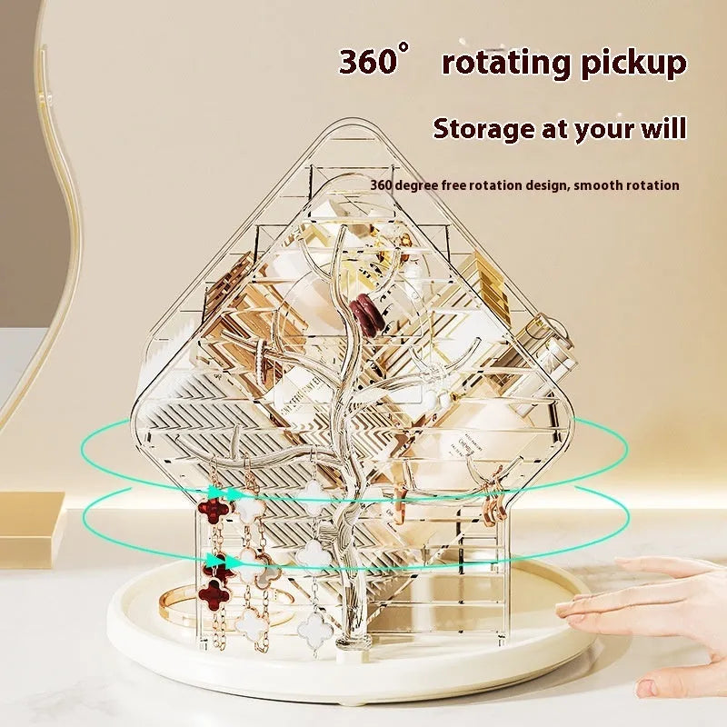 360 degree rotating plastic cosmetics storage box in Amber Gold and Clear colours for vanity organisation