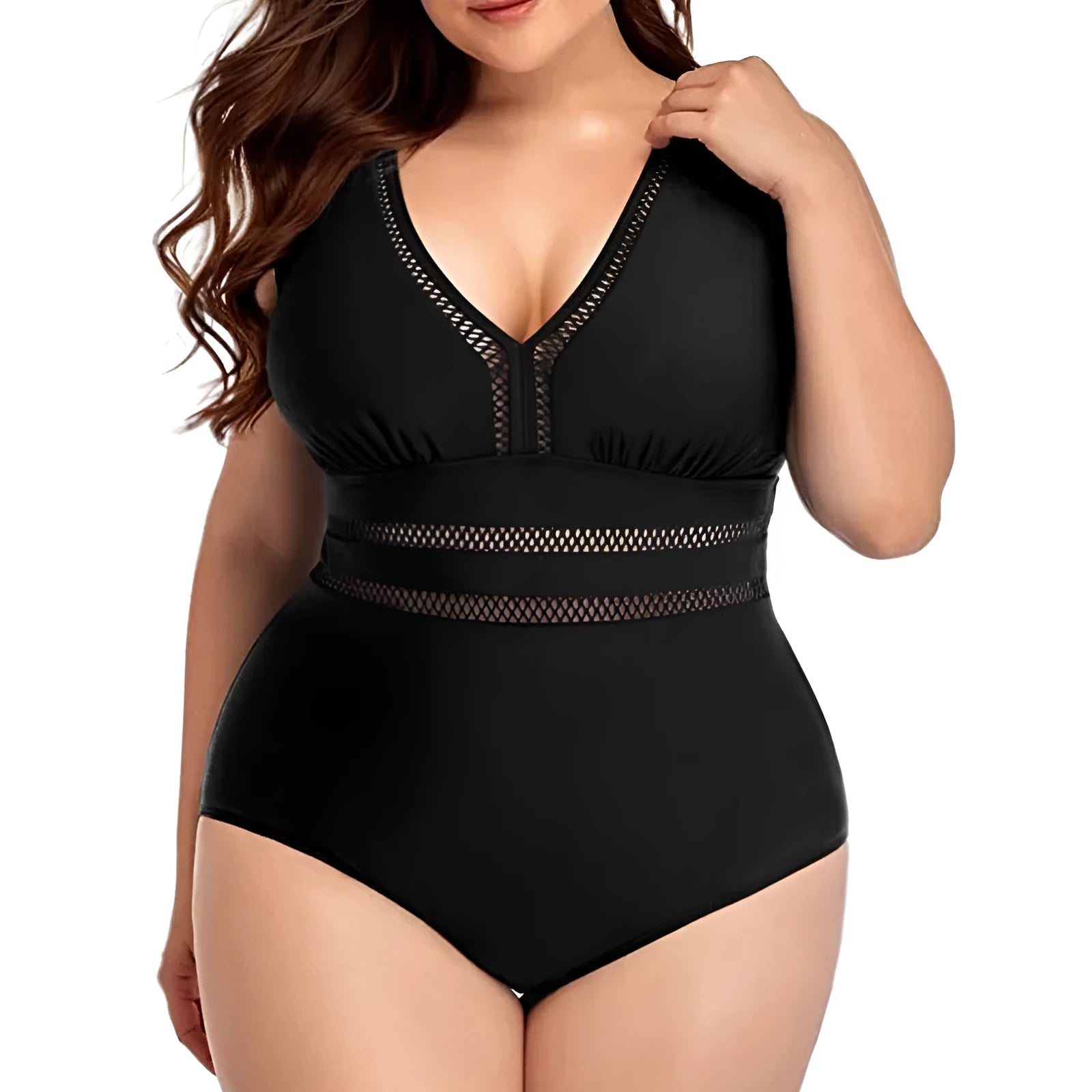 Black plus size women's bikini with mesh printing and Siamese stitching in sizes S to 5XL