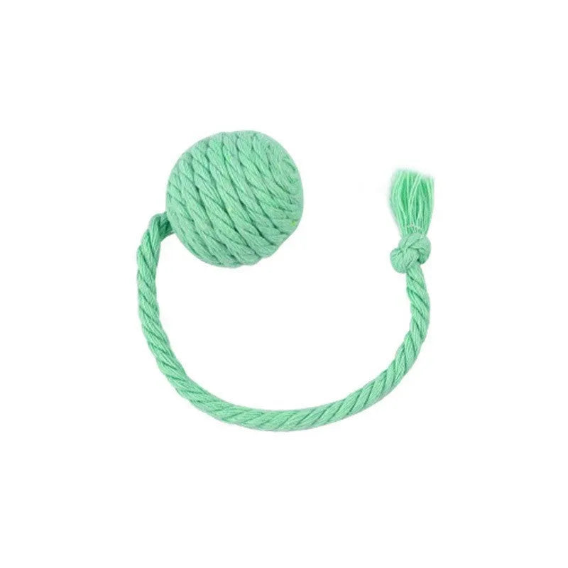 Colourful cat toy ball with rope and built-in bell in two size options