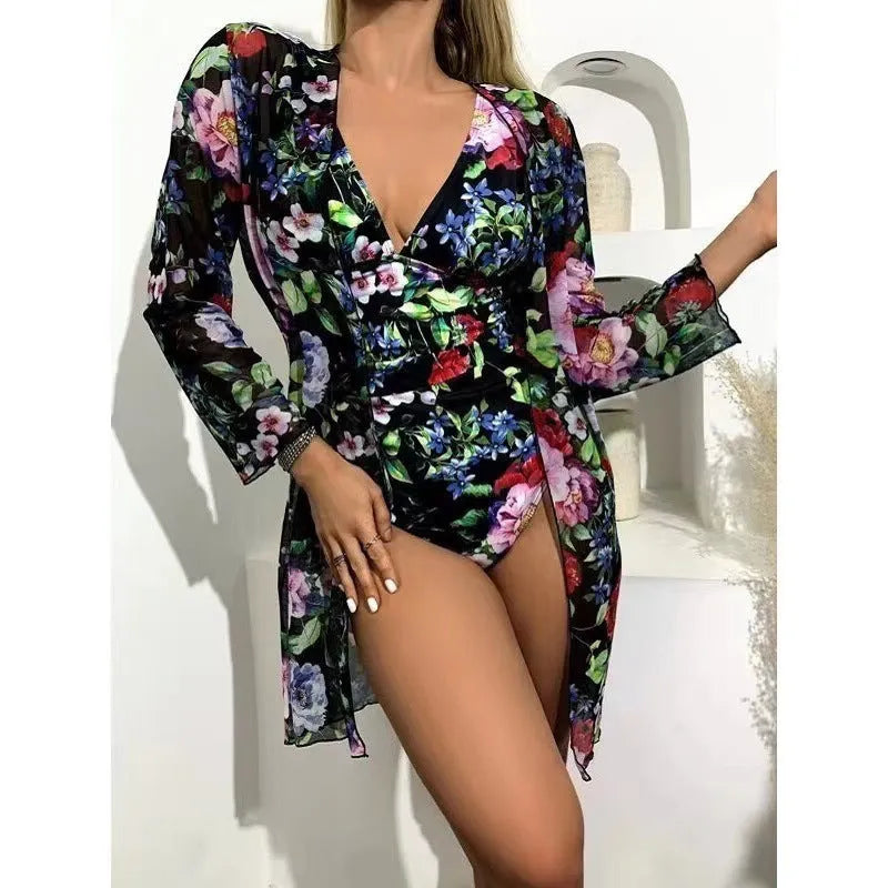 Women's floral tight bikini three-piece suit with coat in polyester fabric