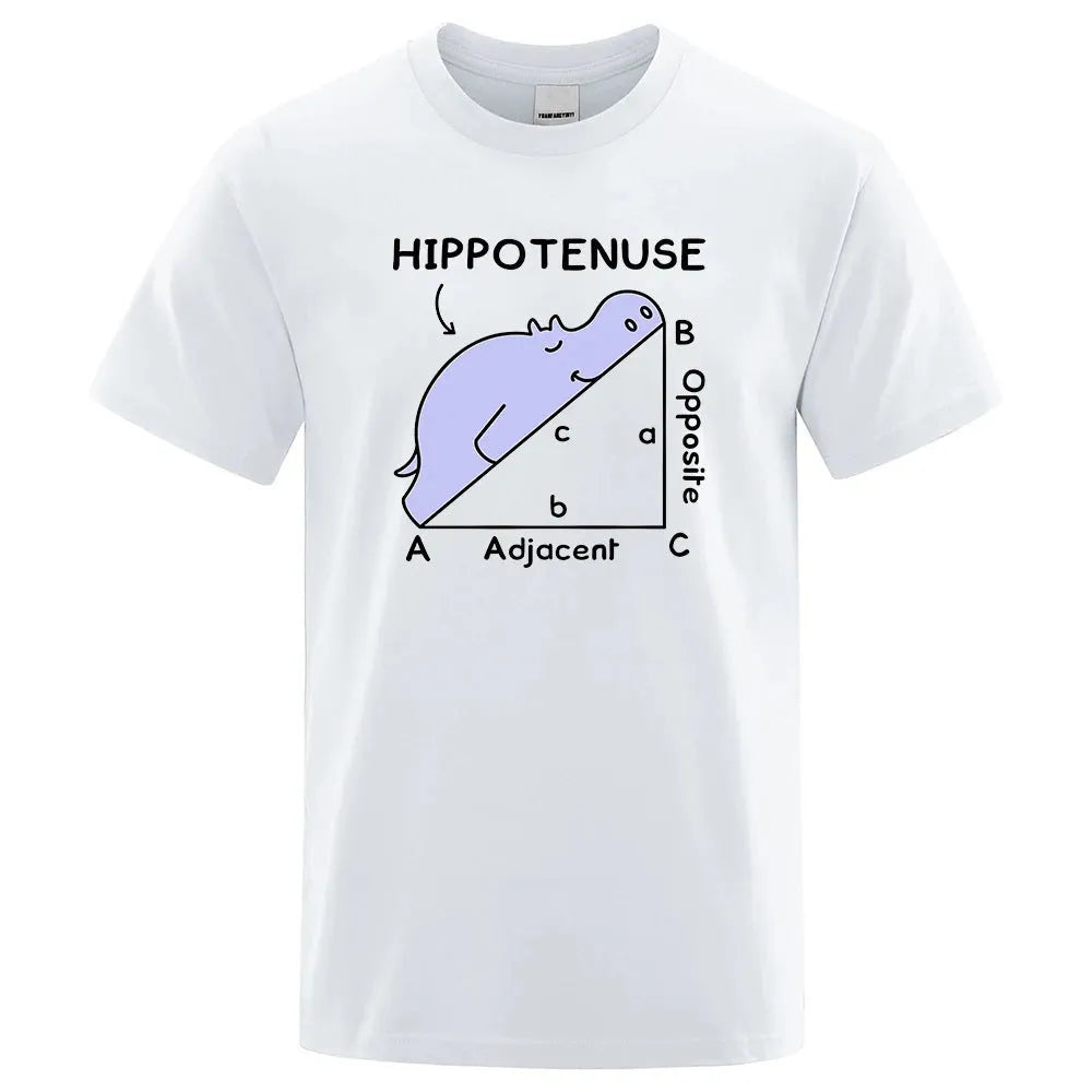 Funny Hippotenuse Opposite Adjacent mathematics print on a loose-fit cotton t-shirt.