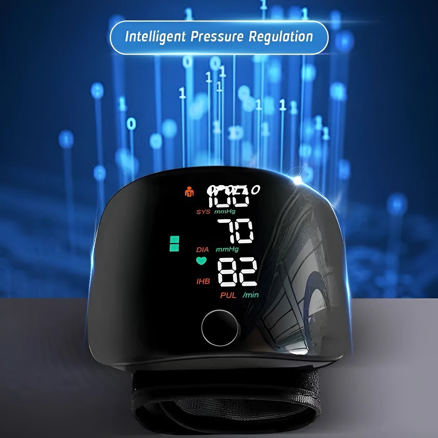 Black wrist blood pressure monitor with digital display, shown with USB charging cable.