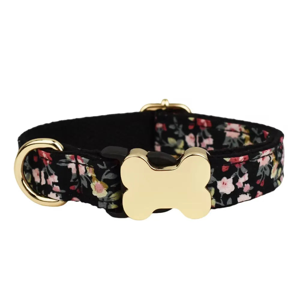 Nylon dog collar with printed grid pattern and bone-shaped metal buckle in multiple colour options