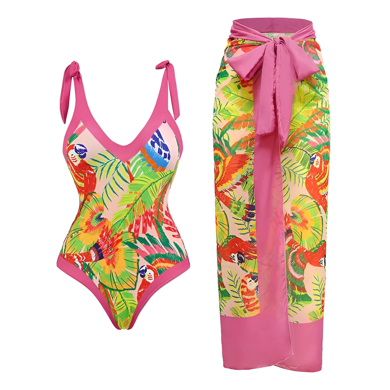 Women's solid colour one-piece swimsuit with spaghetti straps and a removable matching skirt.