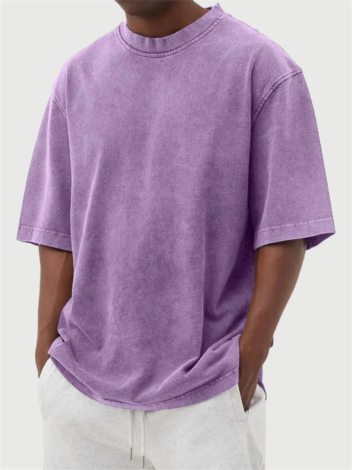 Men's stone washed distressed pullover t-shirt in loose fit with half sleeves available in eight colours