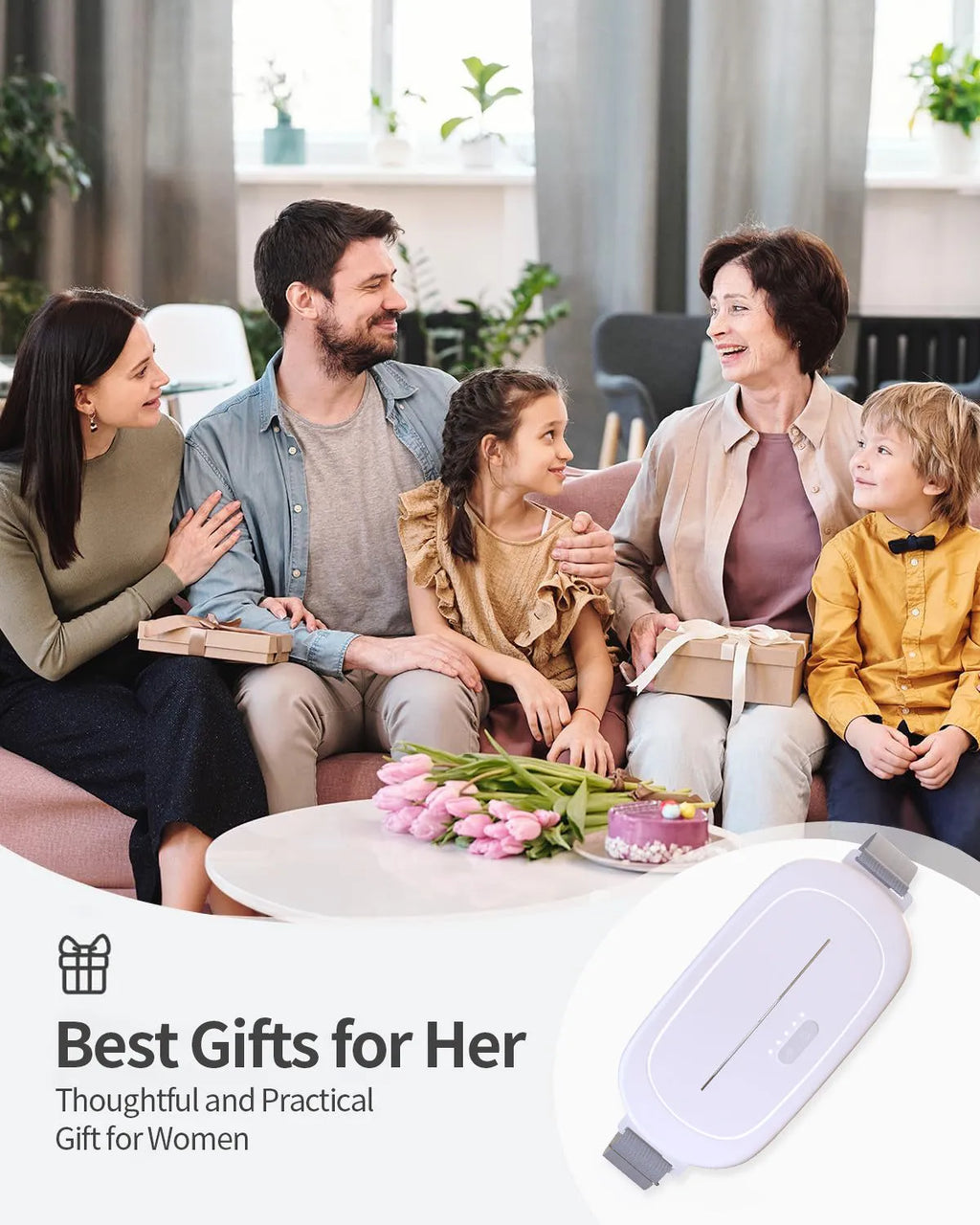 White postpartum uterine warming device with fabric belt and portable heat therapy unit.