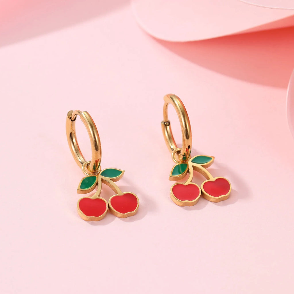 Complete cherry jewellery set showing stainless steel necklace, bracelet, earrings and ring with 18K electroplated finish