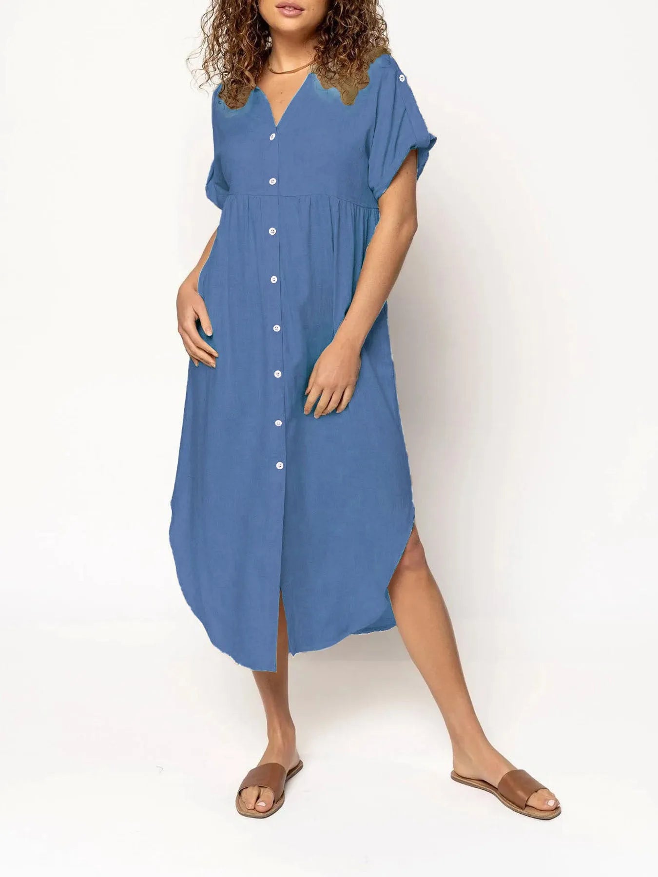 Button-front mid-length casual dress in loose fit available in multiple solid colours