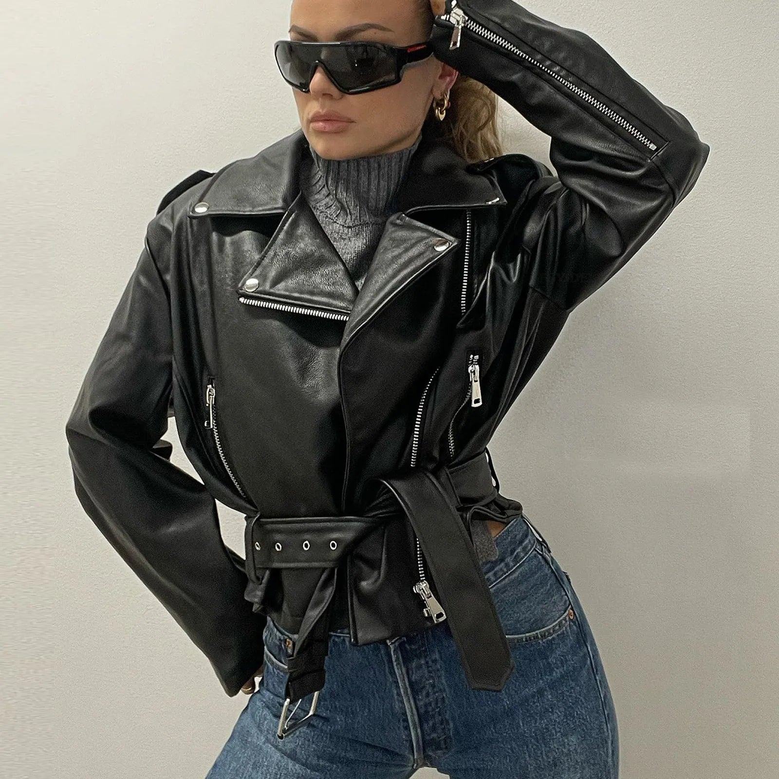 Women's punk short belt lapel jacket in polyester leather with drawstring waist and Peter Pan collar