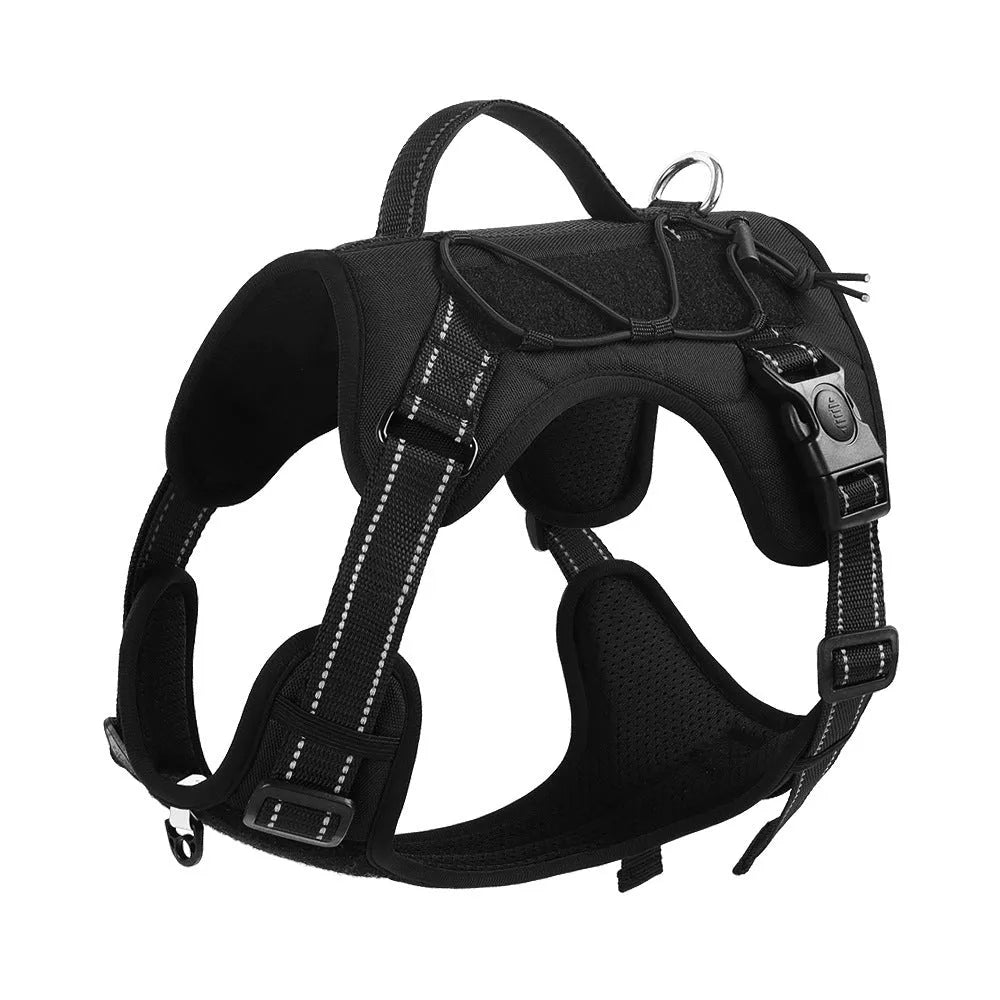 Reflective dog harness and hand-holding lead set in orange and black, showing the chest strap and full-handle grip.