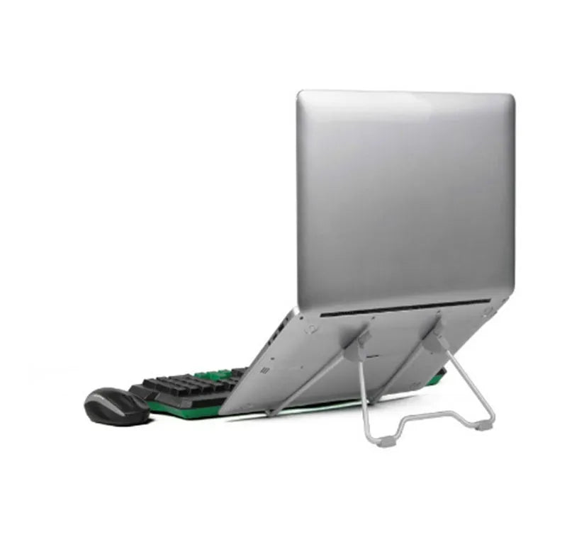 Grey aluminium alloy mobile phone and laptop stand with adjustable height and angle mechanism.