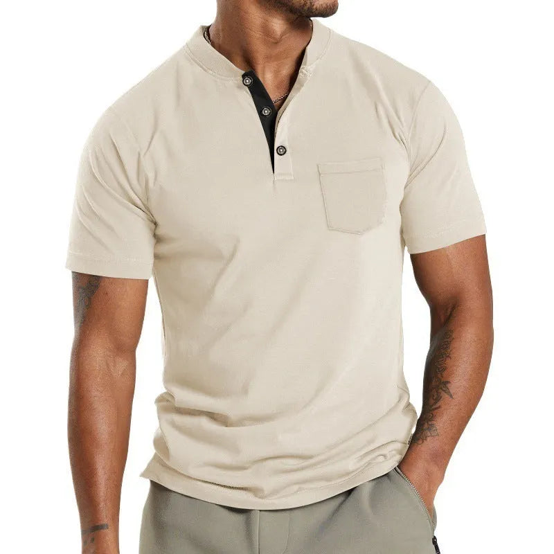 A man wearing a solid-colour plus size short sleeve button-up shirt with a chest pocket.