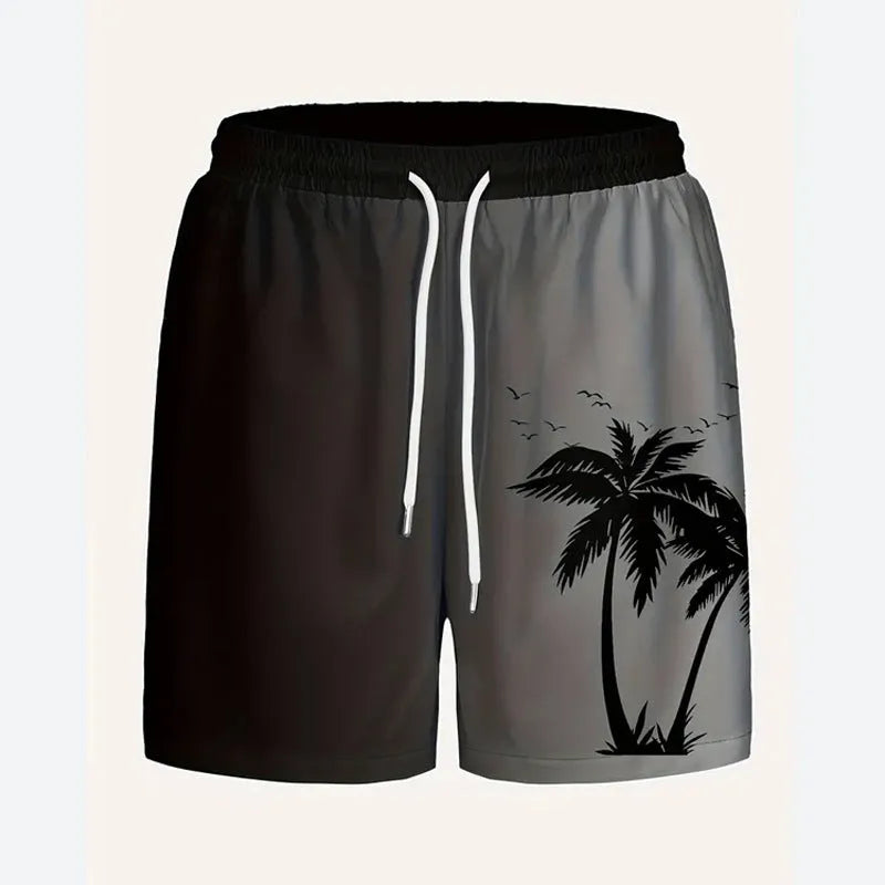 Man wearing loose-fit beige polyester beach shorts on a summer day.