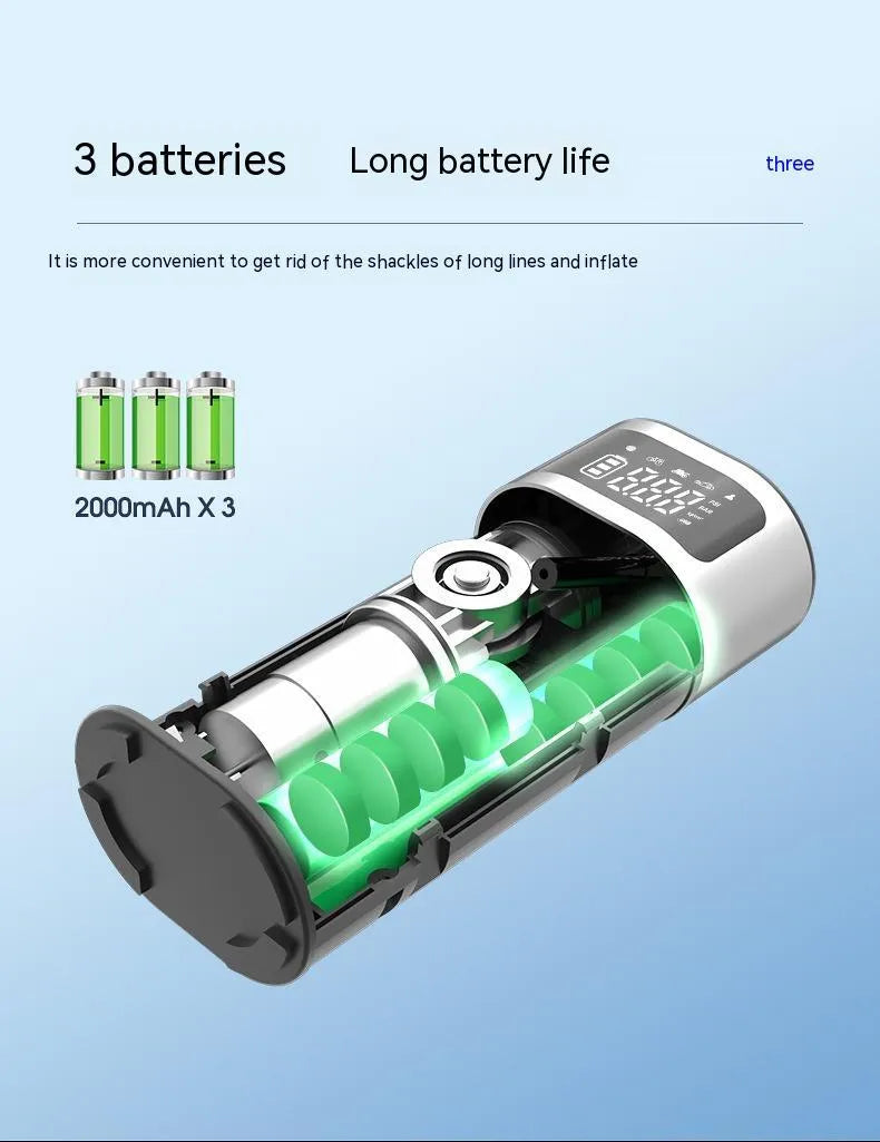 Black portable wireless smart air pump with LED light, 15cm tube, and multiple nozzle attachments