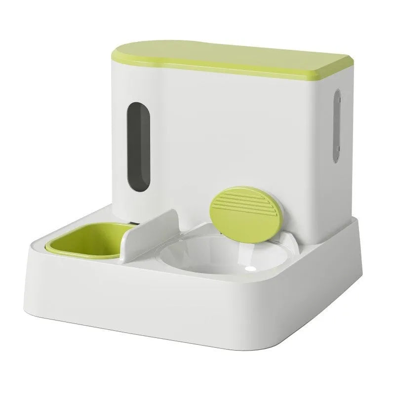 Grey automatic cat feeder and water dispenser station with integrated double bowls on a wooden floor.