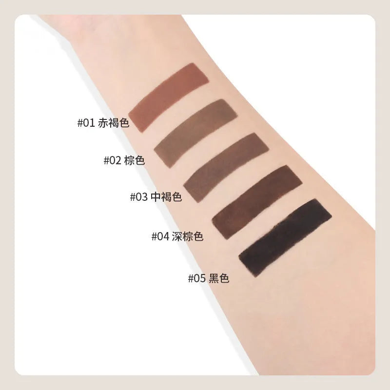 Double-headed eyebrow cream showing pencil and powder ends with five shade options displayed.
