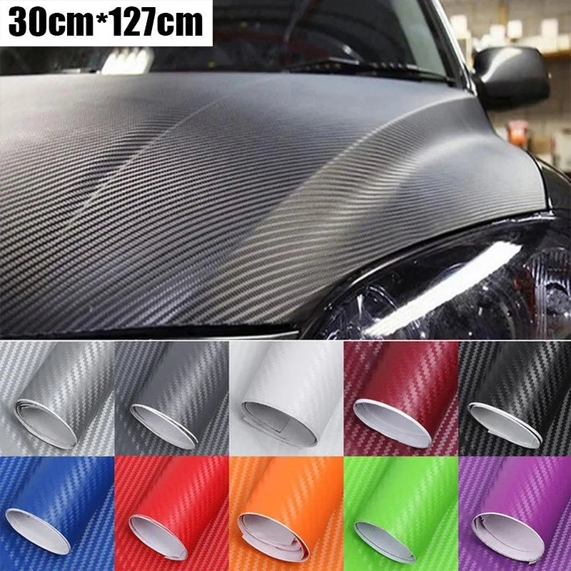 Roll of 3D carbon fibre patterned car sticker in one of eight colours, showing textured black and silver weave design