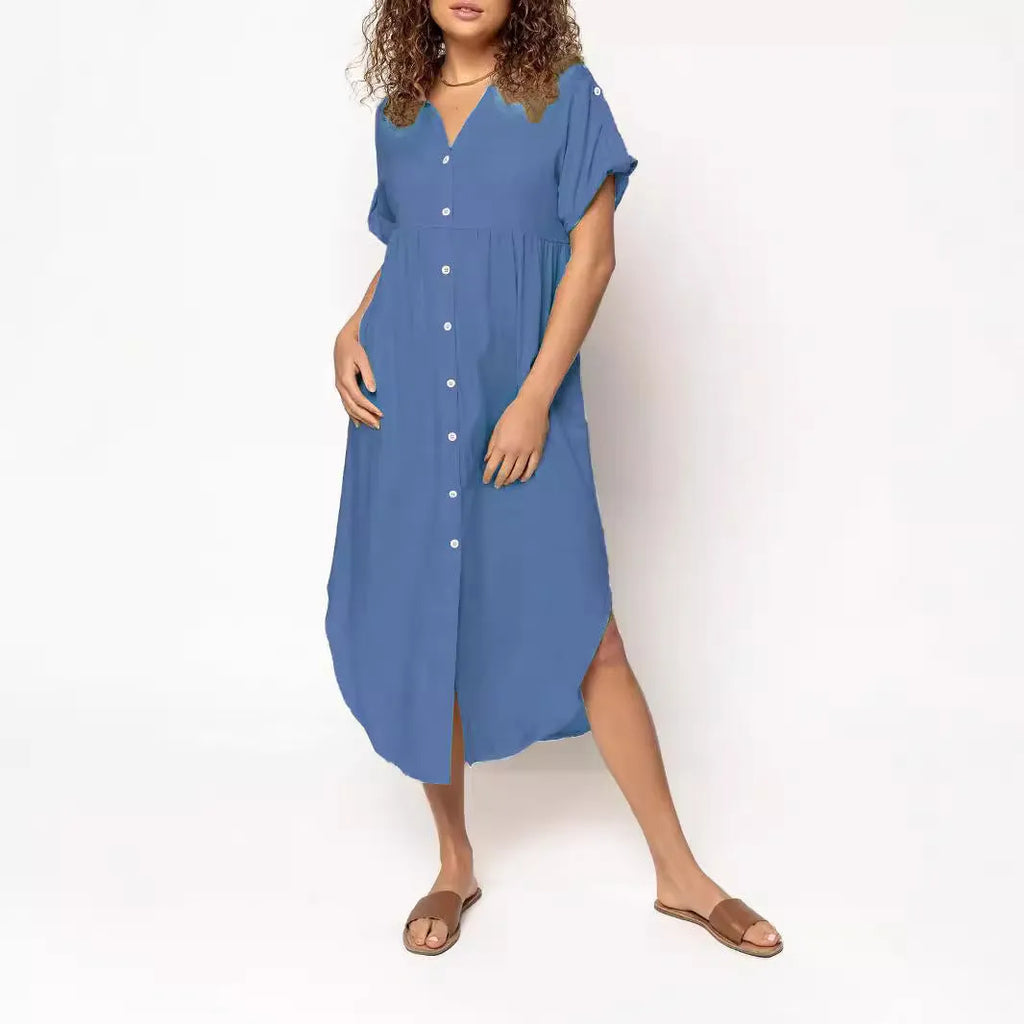 Button-front mid-length casual dress in loose fit available in multiple solid colours