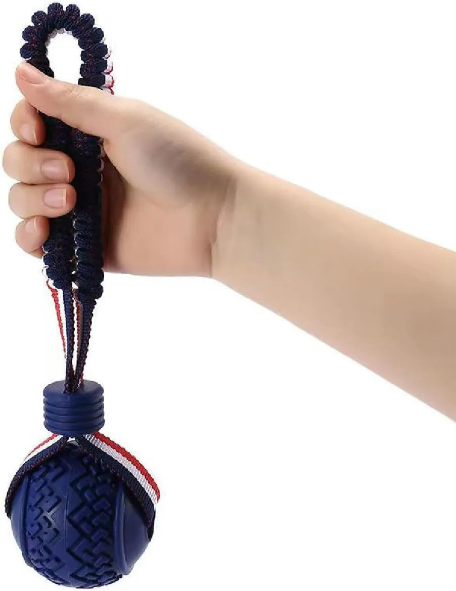 Blue dog ball with rope toy showing 6.5cm diameter ball and cotton rope handle for small dogs