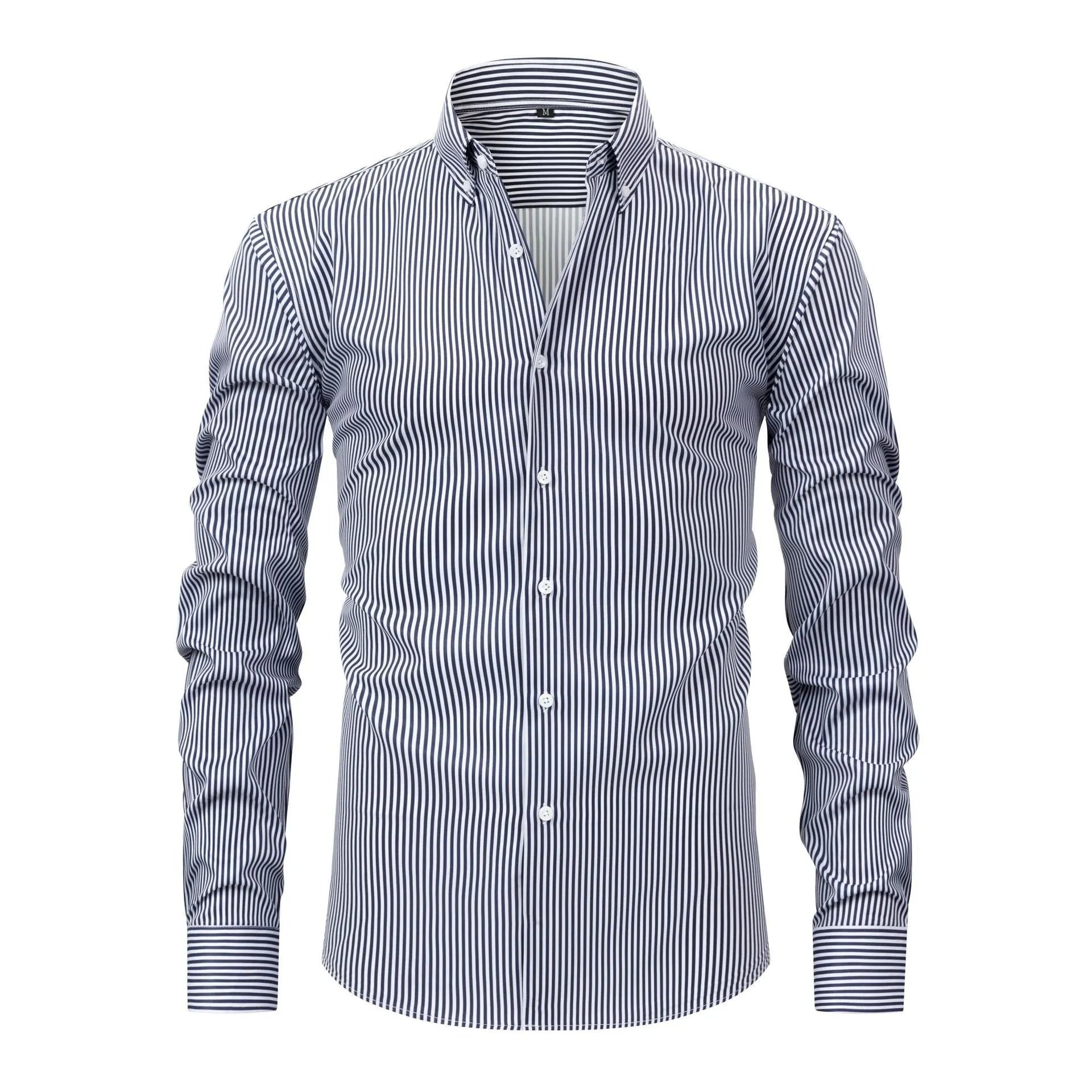 Man wearing a striped long-sleeved business shirt with a lapel collar in a neutral colour.