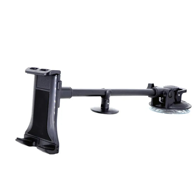 Black vehicle-mounted tablet holder with suction cup for 4-12 inch devices on car dashboard