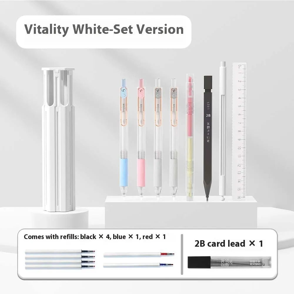 Plastic six pens pencil case set in vigorous white, sky blue, and girl pink colours