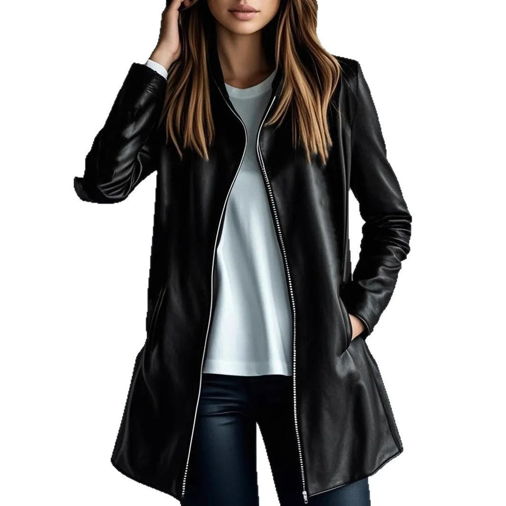 Black women's leather jacket with solid colour and long sleeves