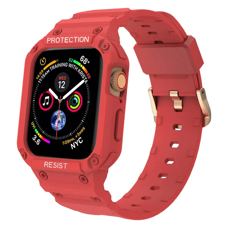 Apple Watch Series 8 compatible soft TPU sport strap in multiple colours showing 42mm and 38mm size options.