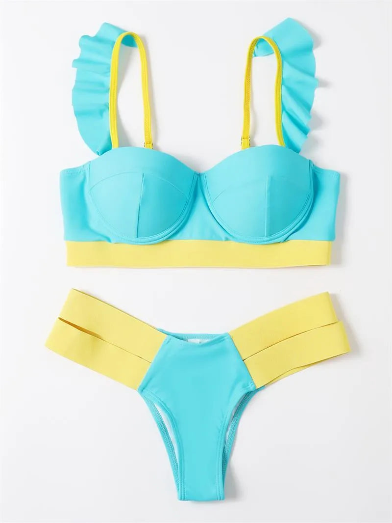 Women's contrast colour bikini with steel bracket push-up board in nylon fabric