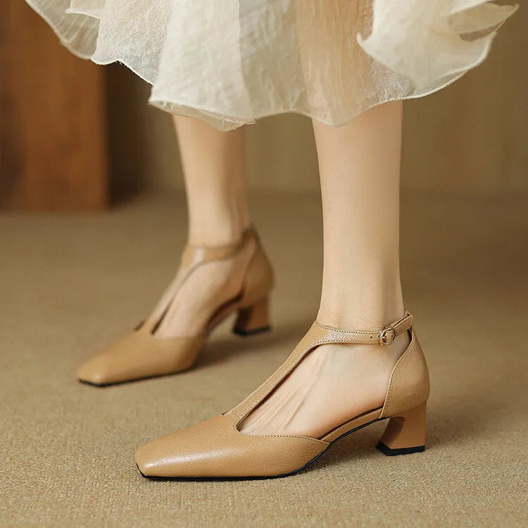 French retro square toe chunky heel shoes in wine red sheepskin leather with buckle fastening