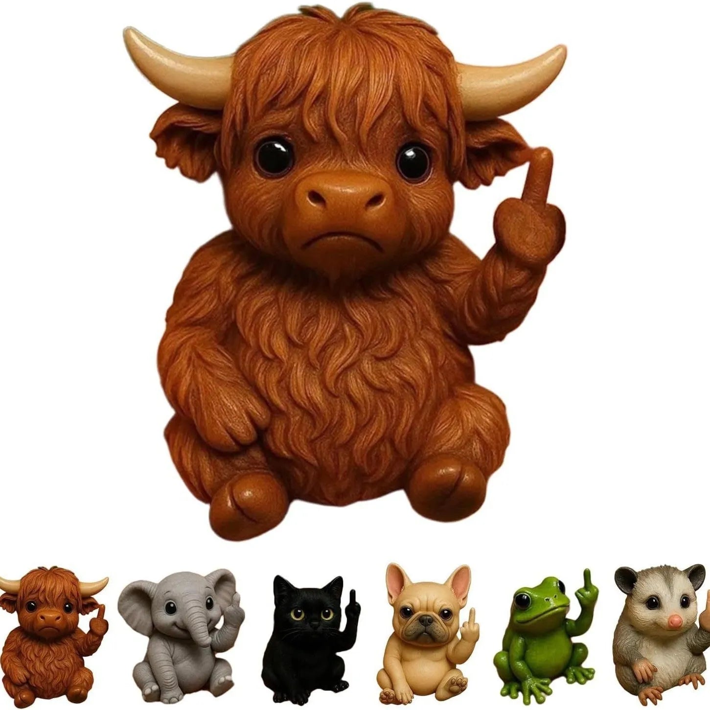 Miniature resin animal doll making a middle finger gesture, available in seven animal styles including cat and dog.
