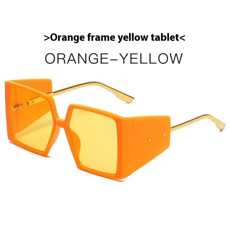 Large square frame sunglasses shown in multiple colour options including black, blue, and tortoiseshell.
