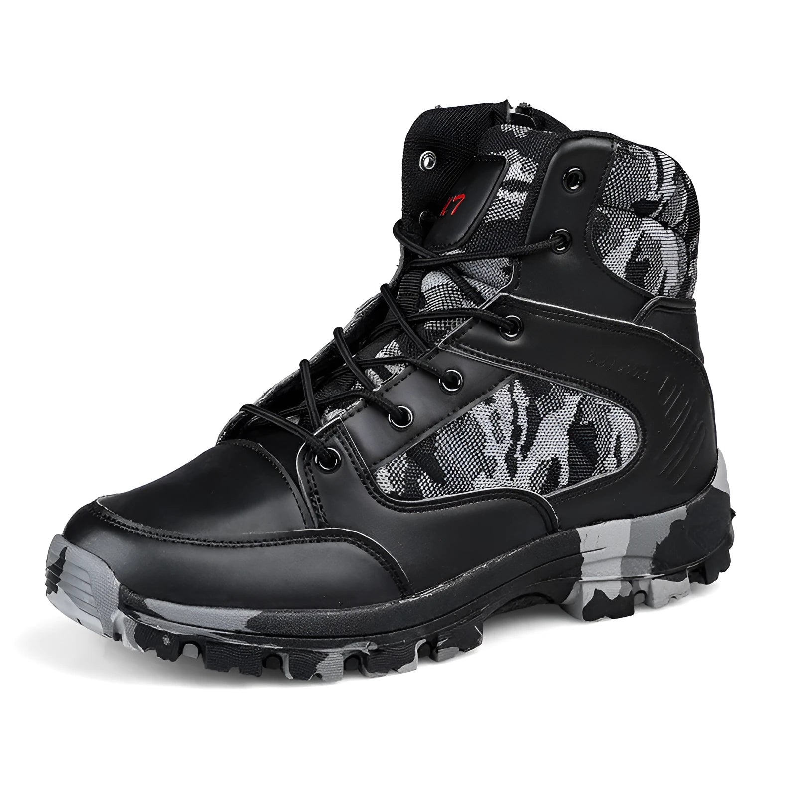 Men's black high-top hiking shoes with artificial PU upper and metal details on a natural background.