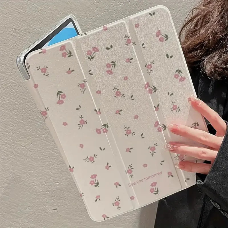Transparent floral tri-fold tablet case with magnetic stand for iPad showing clear PC back and cartoon pattern