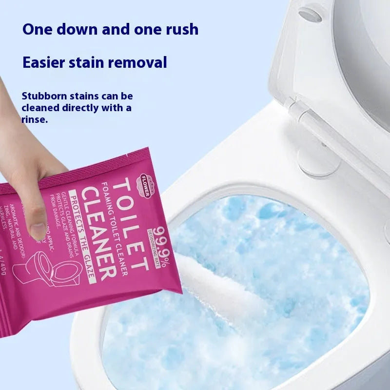 Toilet bubble powder descaling cleaner in blue ocean and pink floral fragrance, showing 240g bag and box of 5 sachets.