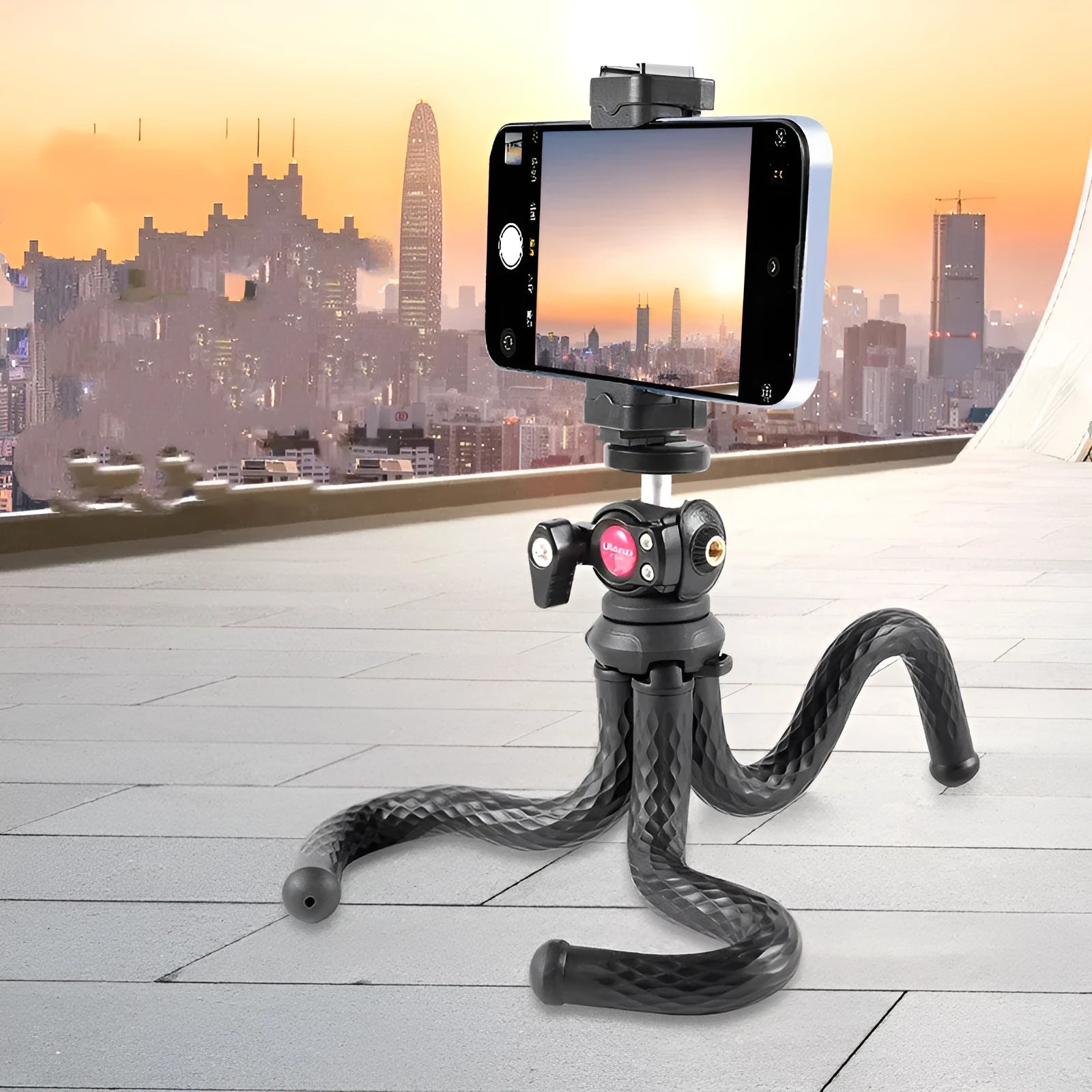 Black octopus-style aluminium alloy tripod with phone clip extended to 360mm length.
