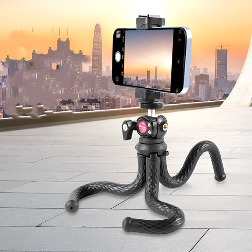Black octopus-style aluminium alloy tripod with phone clip extended to 360mm length.