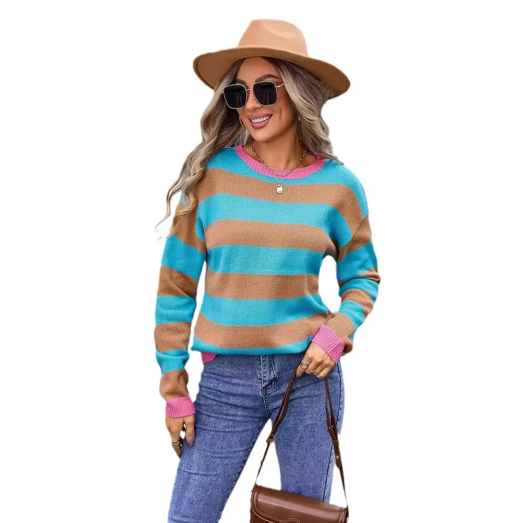 Women's loose fit acrylic flower pattern long sleeve sweater in blue colour with round neckline