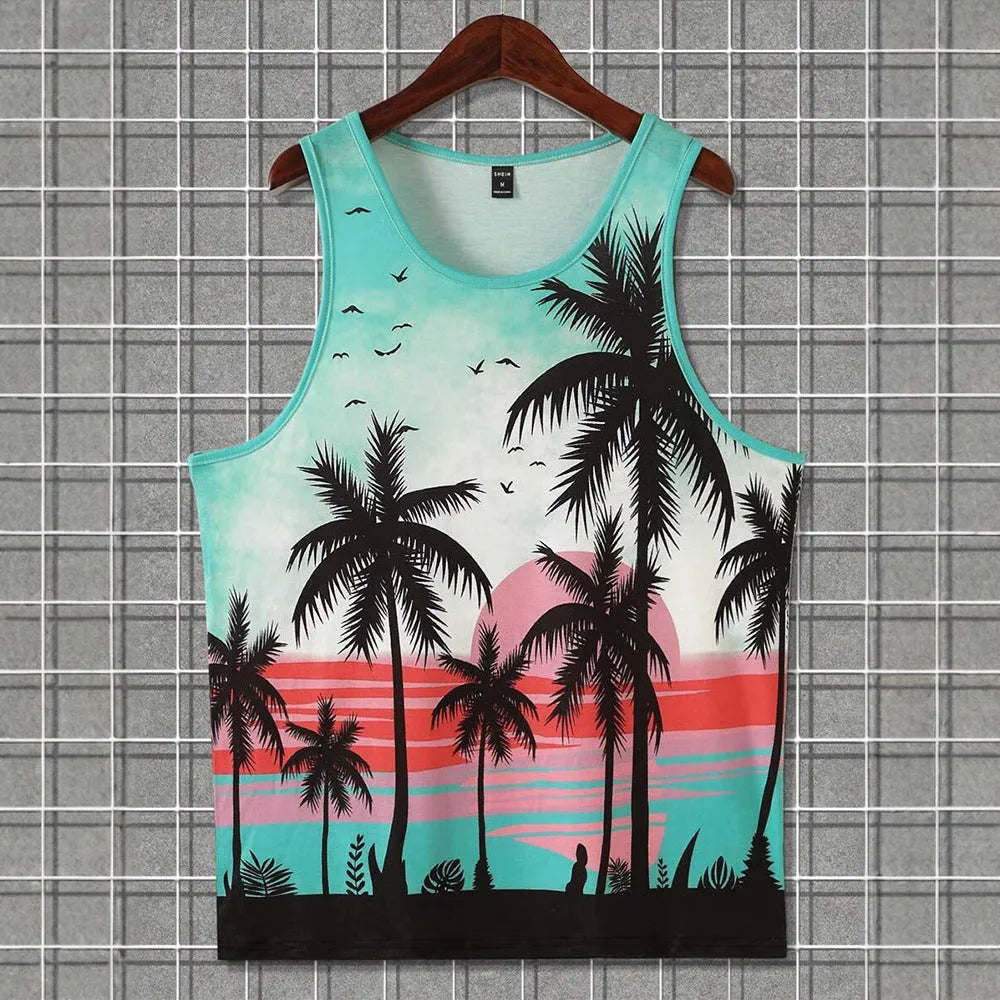3D printed men's sleeveless vest in solid color Hawaiian style made of pinhole cloth fabric